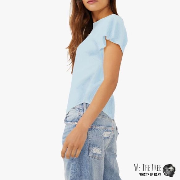 FREE PEOPLE / WE THE FREE WHAT’S UP BABY WAFFLE KNIT TEE IN NEON SKY BLUE XS - Picture 8 of 11